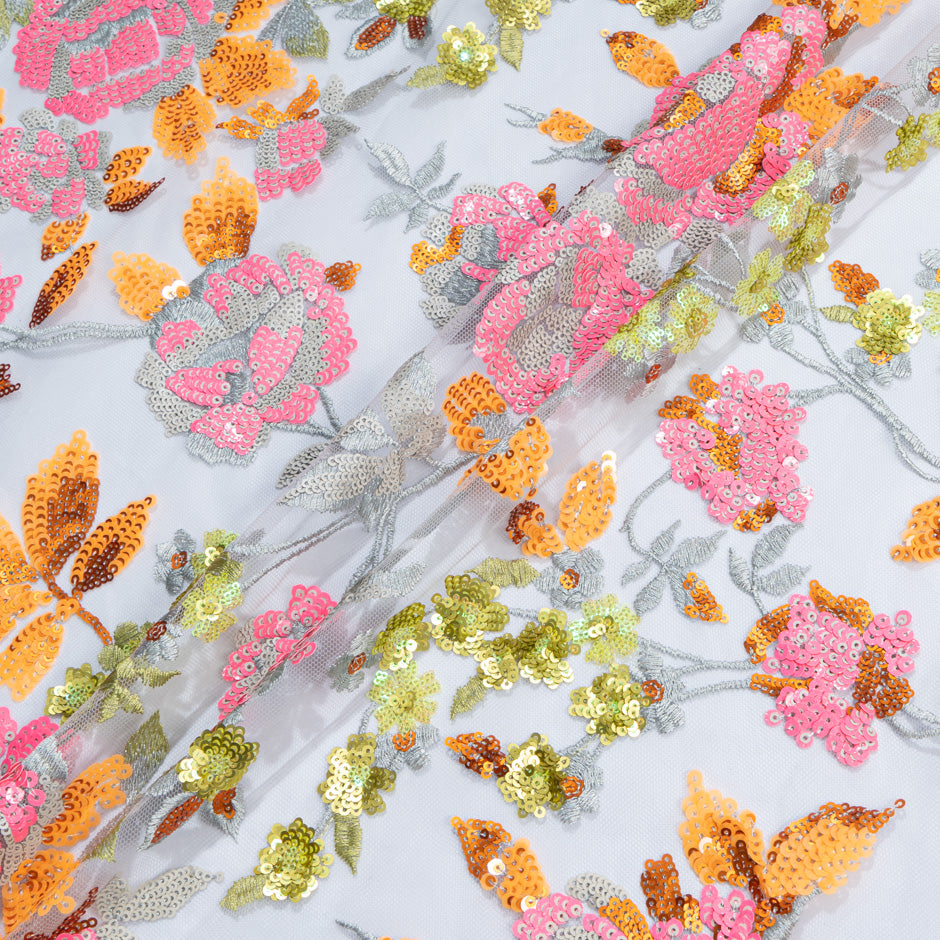 Candy Pink & Orange Floral Embroidered Grey Tulle