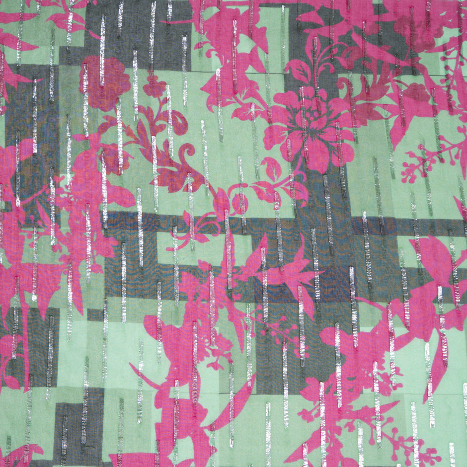 Olive Green & Magenta Pink Floral Silk Georgette