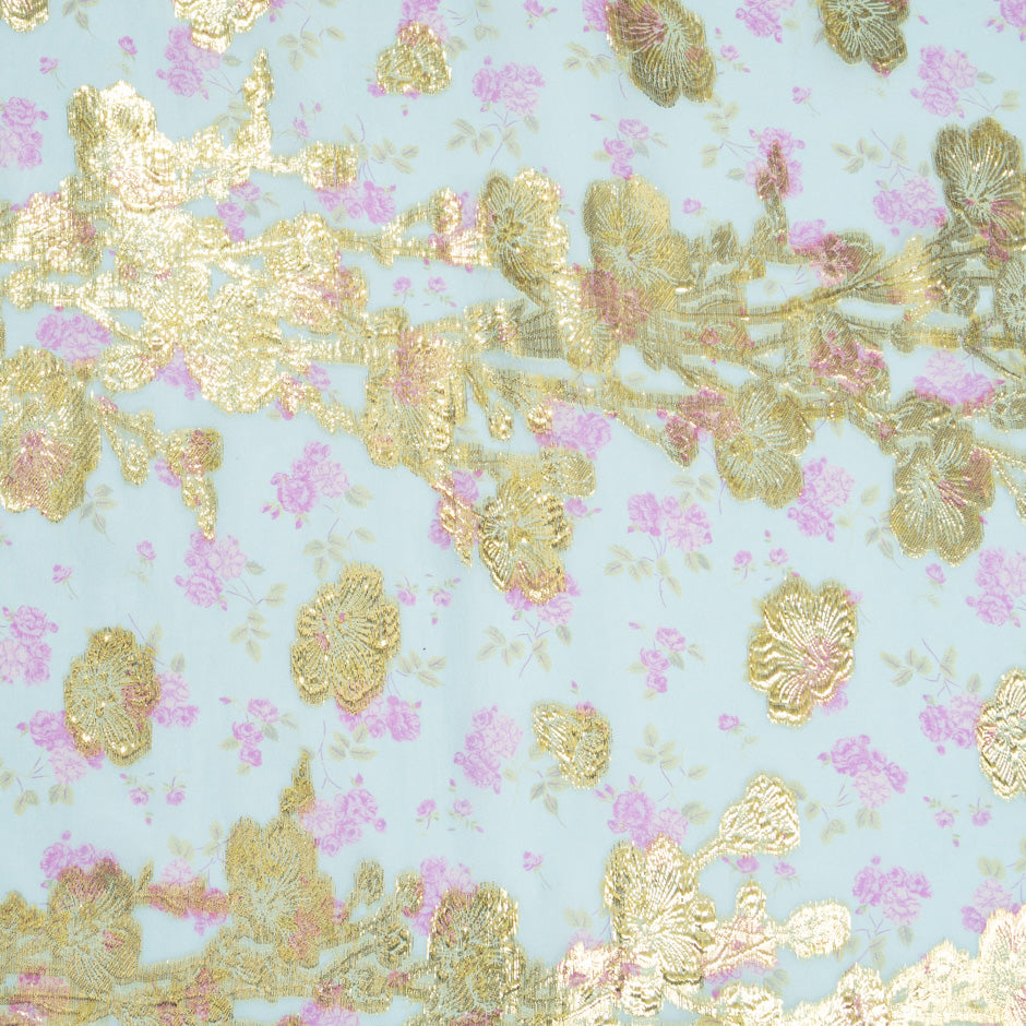 Pink Floral Printed Soft Blue Metallic Chiffon