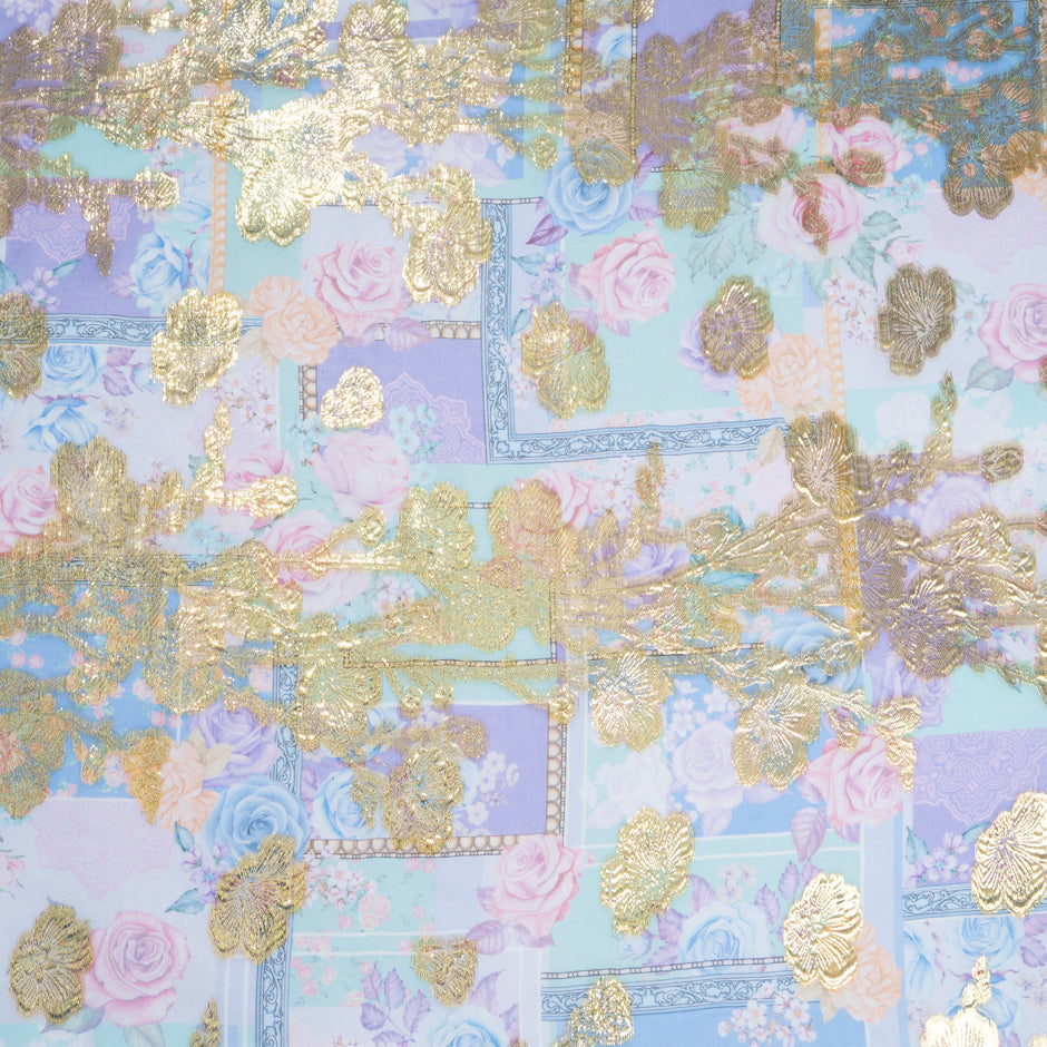 Pink & Lilac Floral on Blue Patchwork Printed Metallic Chiffon