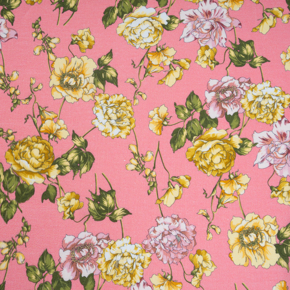 Yellow Floral Printed Candy Pink Pure Linen