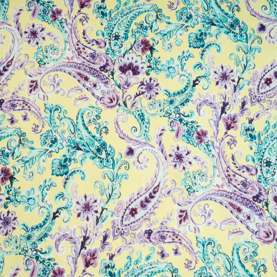 Green & Purple Paisley Printed Soft Yellow Wool & Cotton Blend