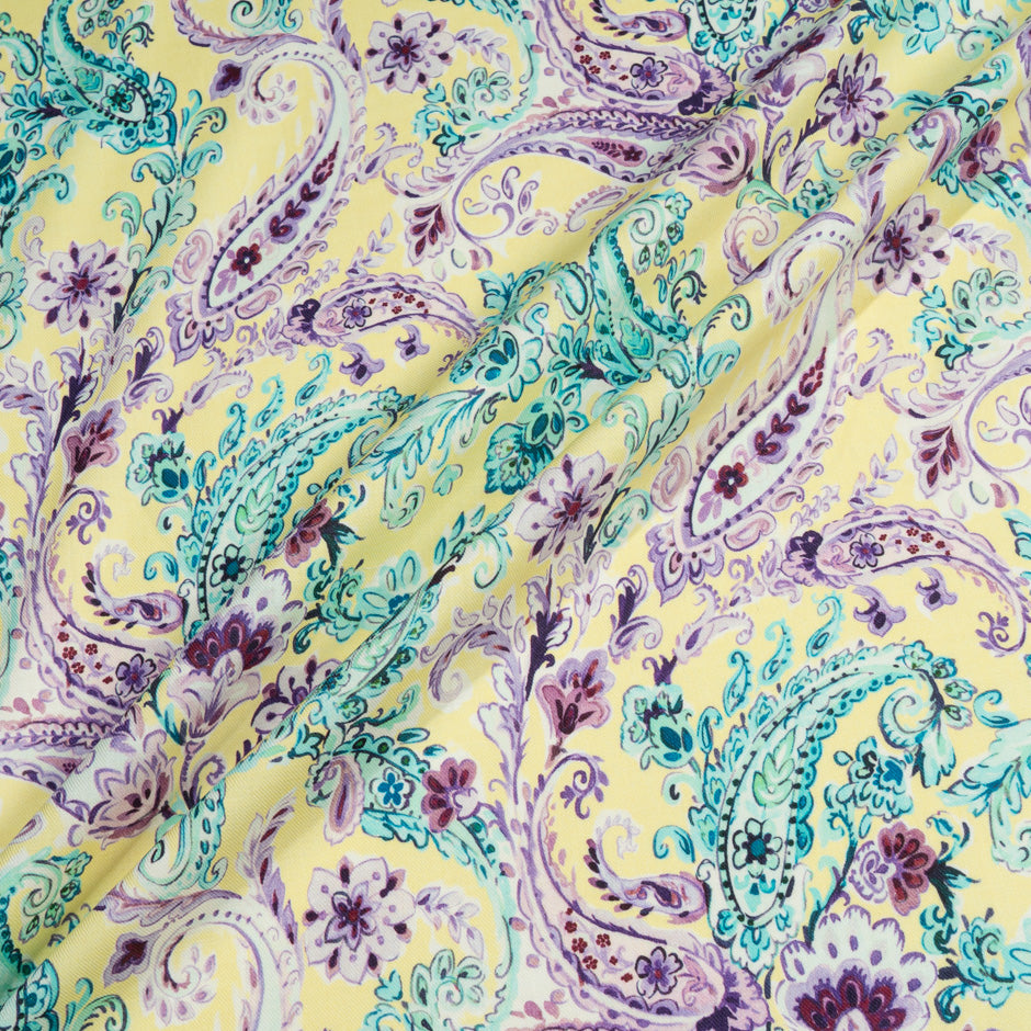 Green & Purple Paisley Printed Soft Yellow Wool & Cotton Blend