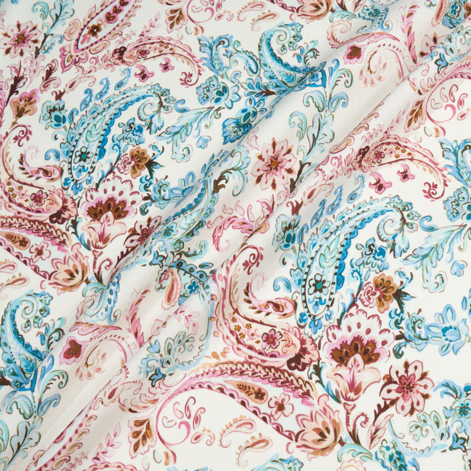 Blue & Pink Paisley Printed Cream Wool & Cotton Blend