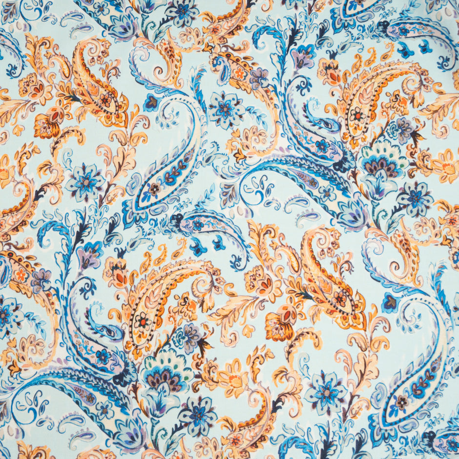 Orange & Blue Paisley Printed Pale Blue Wool & Cotton Blend