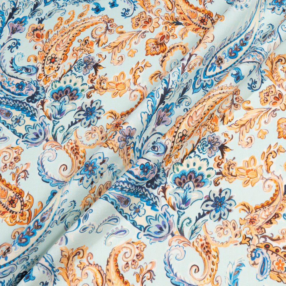 Orange & Blue Paisley Printed Pale Blue Wool & Cotton Blend