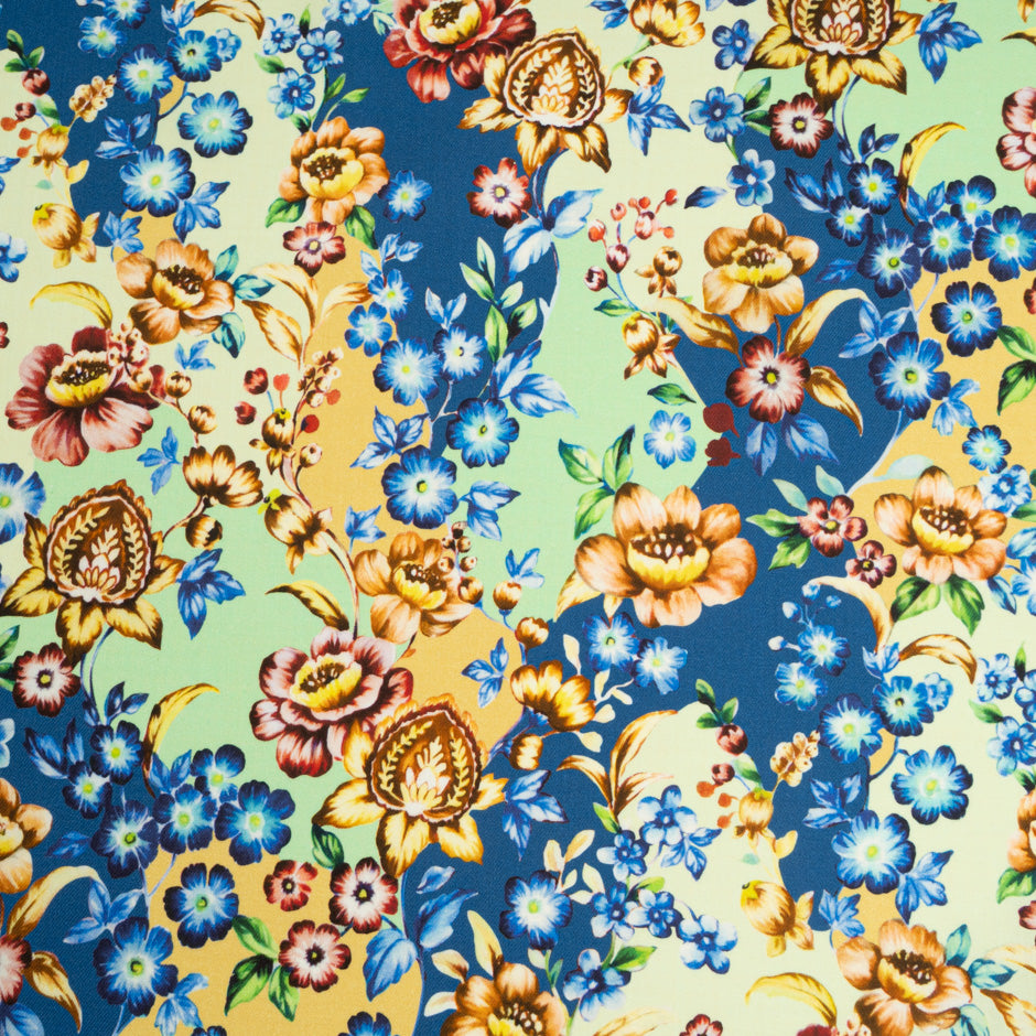 Floral Printed Mint, Blue & Yellow Cotton & Wool Blend