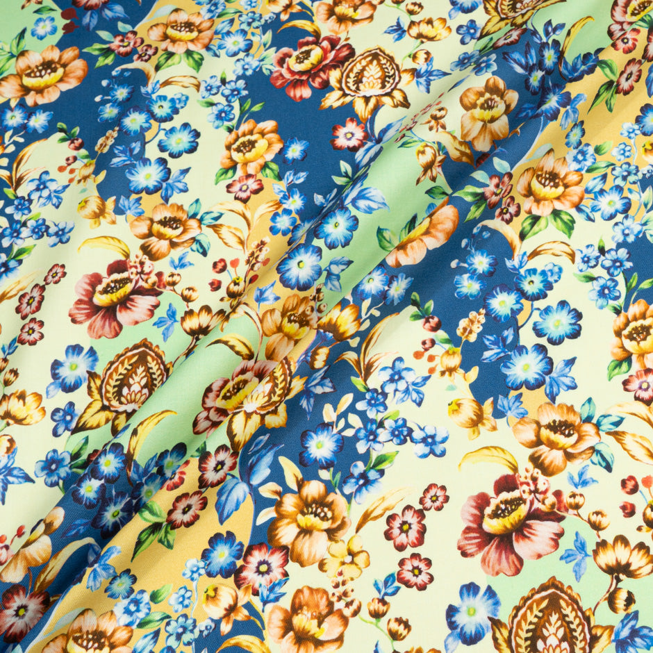 Floral Printed Mint, Blue & Yellow Cotton & Wool Blend