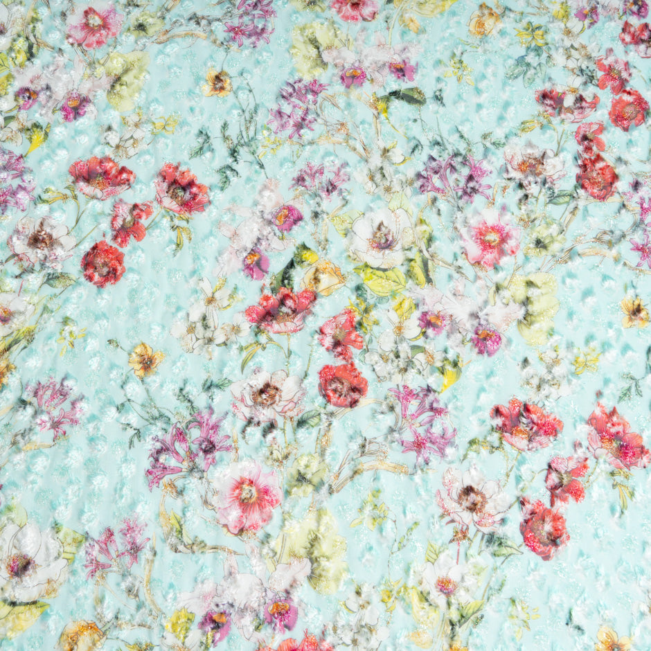 Wild Floral Printed Aqua Blue Metallic Devoré Velvet