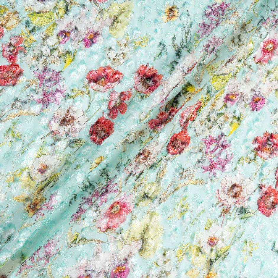 Wild Floral Printed Aqua Blue Metallic Devoré Velvet