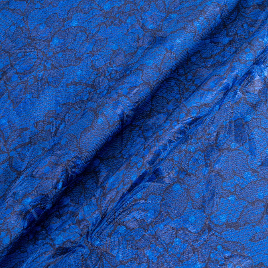 Midnight Blue Lace Printed Royal Blue Silk & Cotton Blend Cloqué