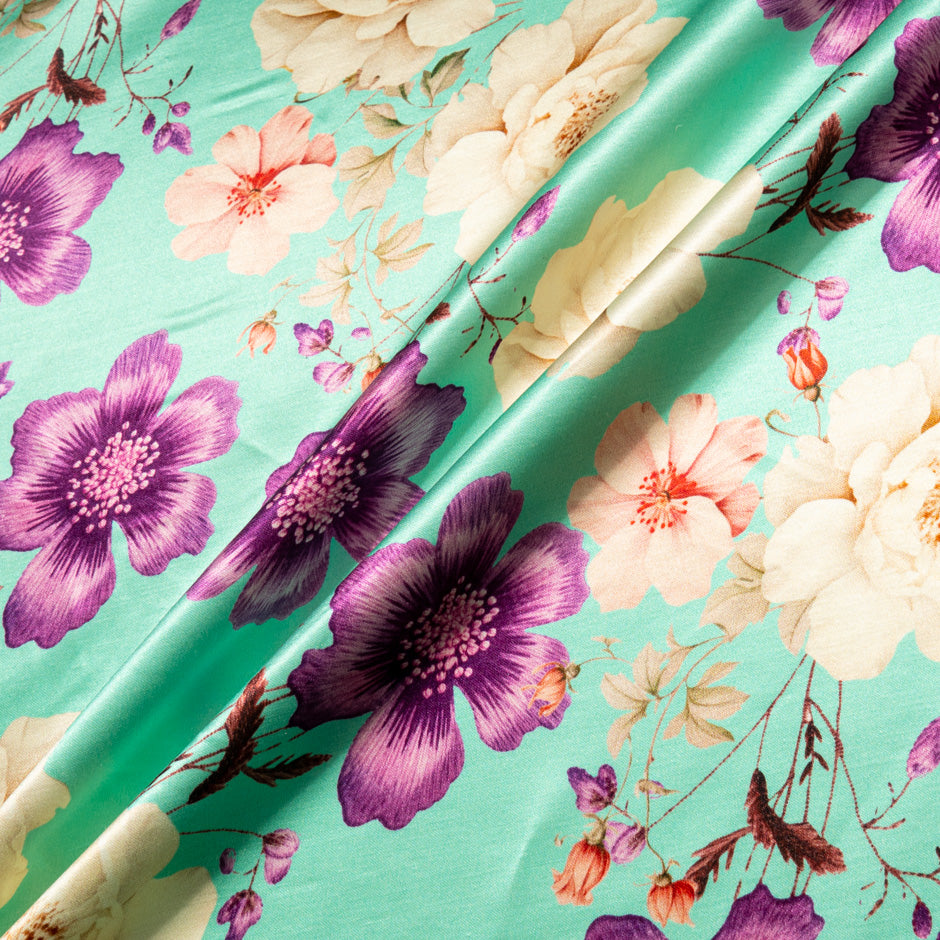 Magenta Floral Printed Mint Double Silk Satin (A 2.75m Piece)