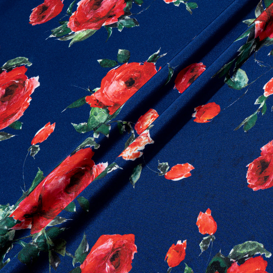 Red Rose Printed French Blue Silk Crêpe