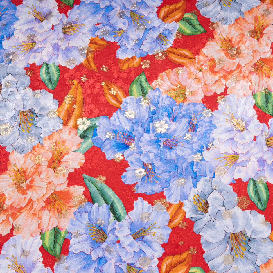 Orange & Blue Floral Printed Red Silk Metallic Jacquard