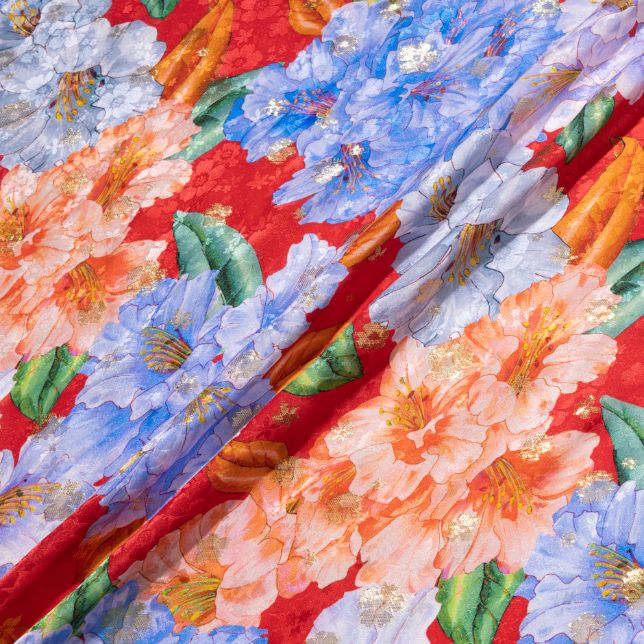 Orange & Blue Floral Printed Red Silk Metallic Jacquard