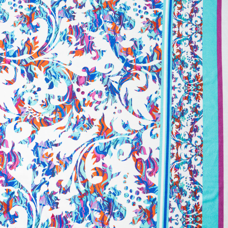 Multi-Coloured Printed White Pure Silk Twill