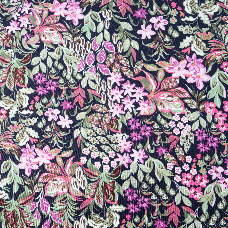 Pretty Pink Floral Printed Midnight Pure Silk Twill