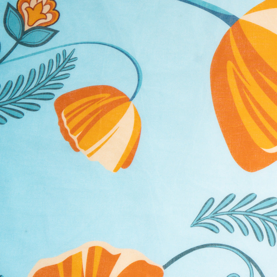 Orange Floral Printed Blue Pure Cotton Voile