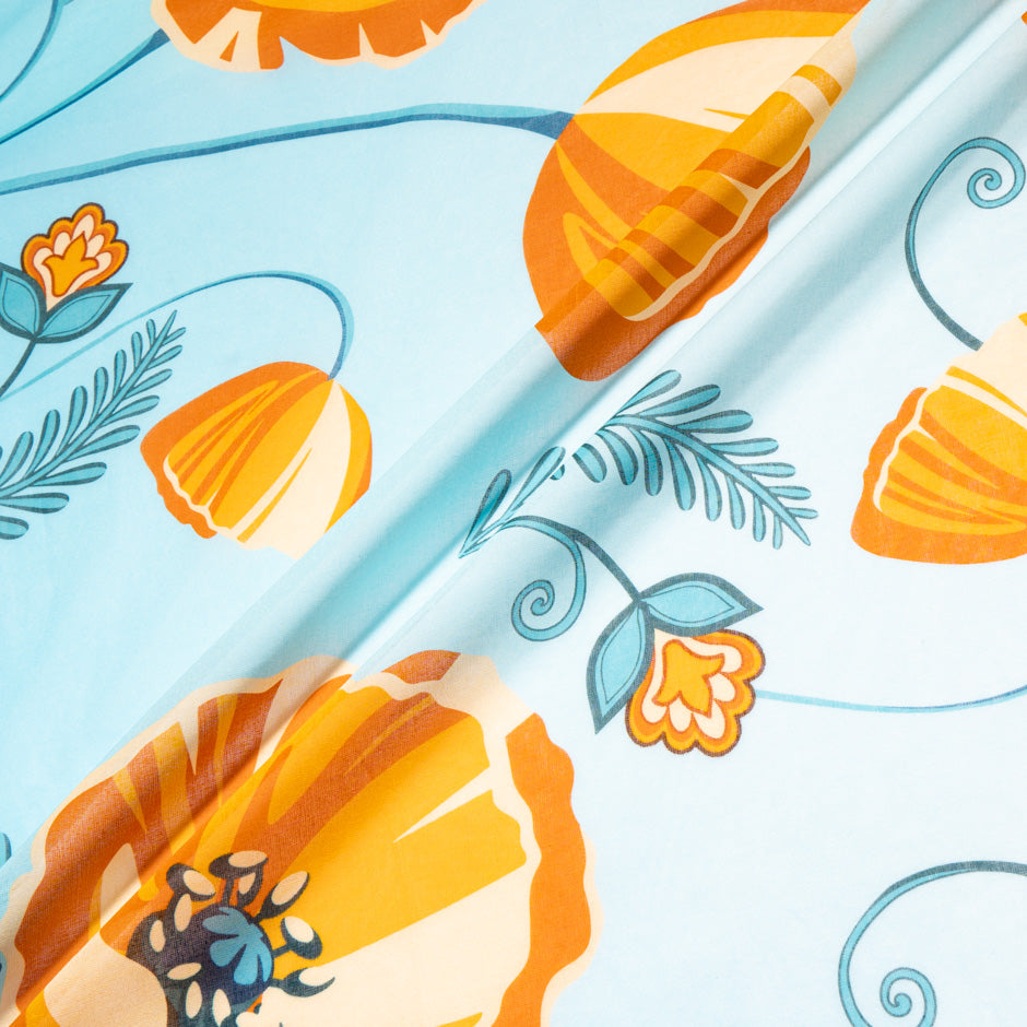 Orange Floral Printed Blue Pure Cotton Voile