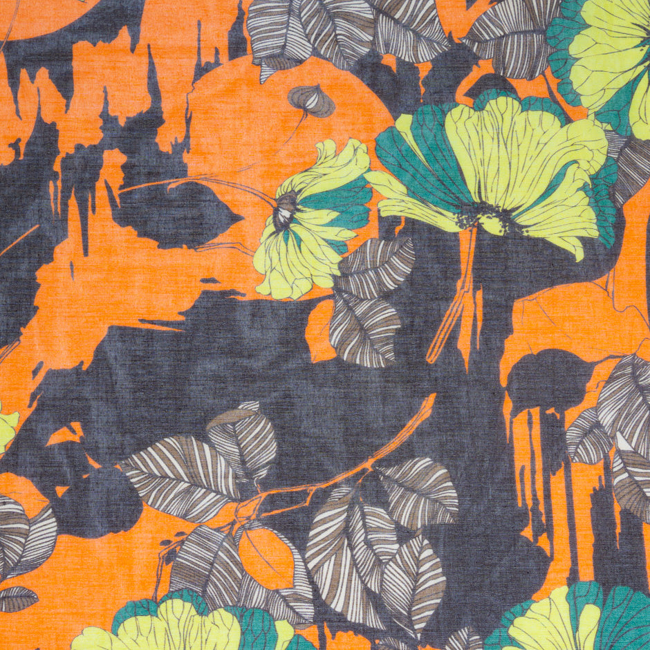 Floral Printed Brown & Orange Pure Cotton Voile