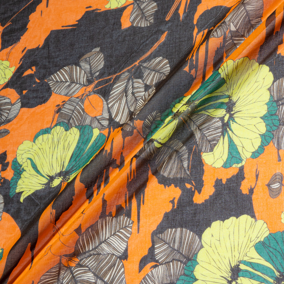 Floral Printed Brown & Orange Pure Cotton Voile