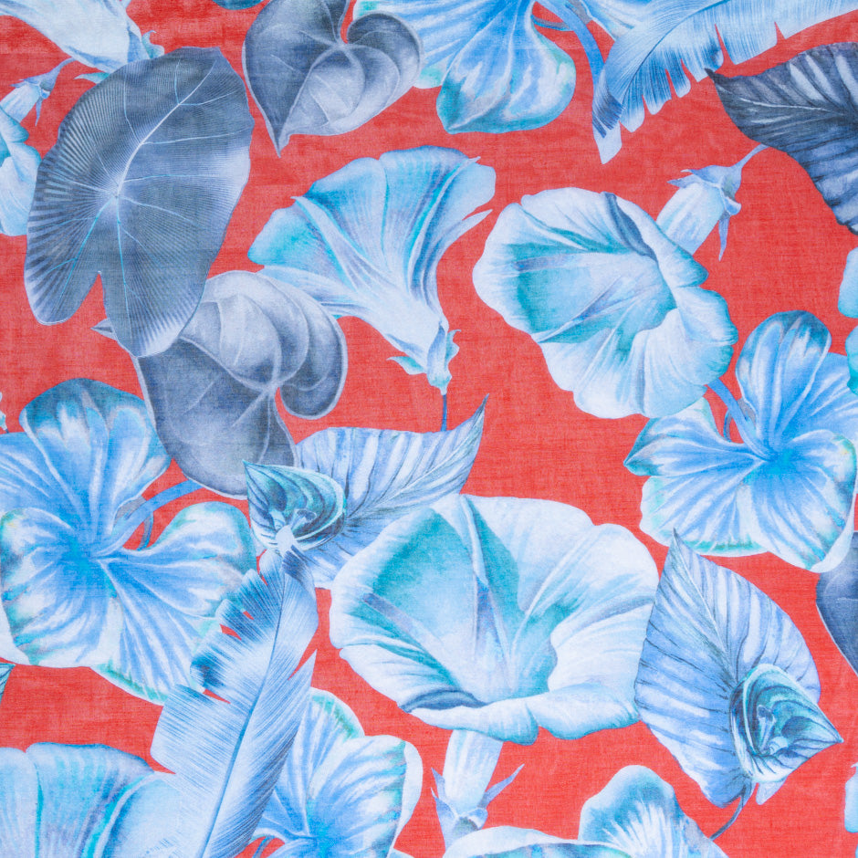 Blue Floral Printed Red Pure Cotton Voile