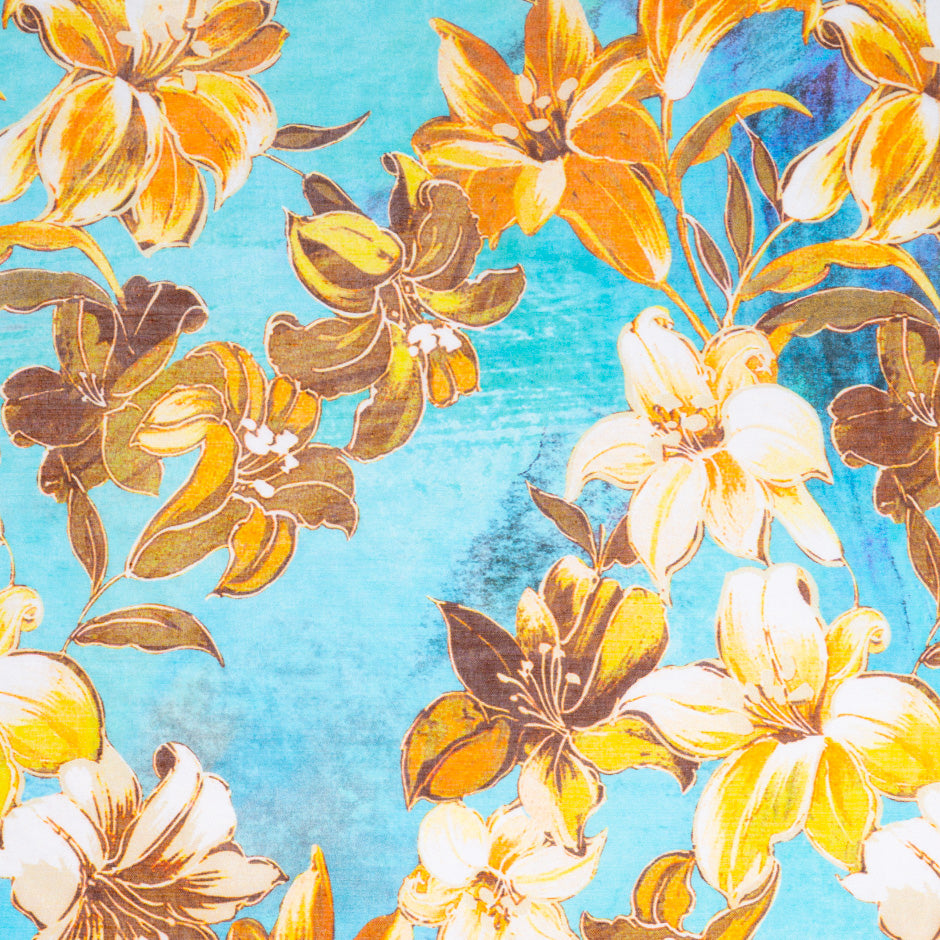 Orange Floral Printed Blue Pure Cotton Voile