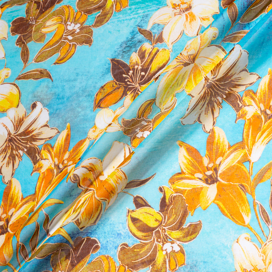 Orange Floral Printed Blue Pure Cotton Voile