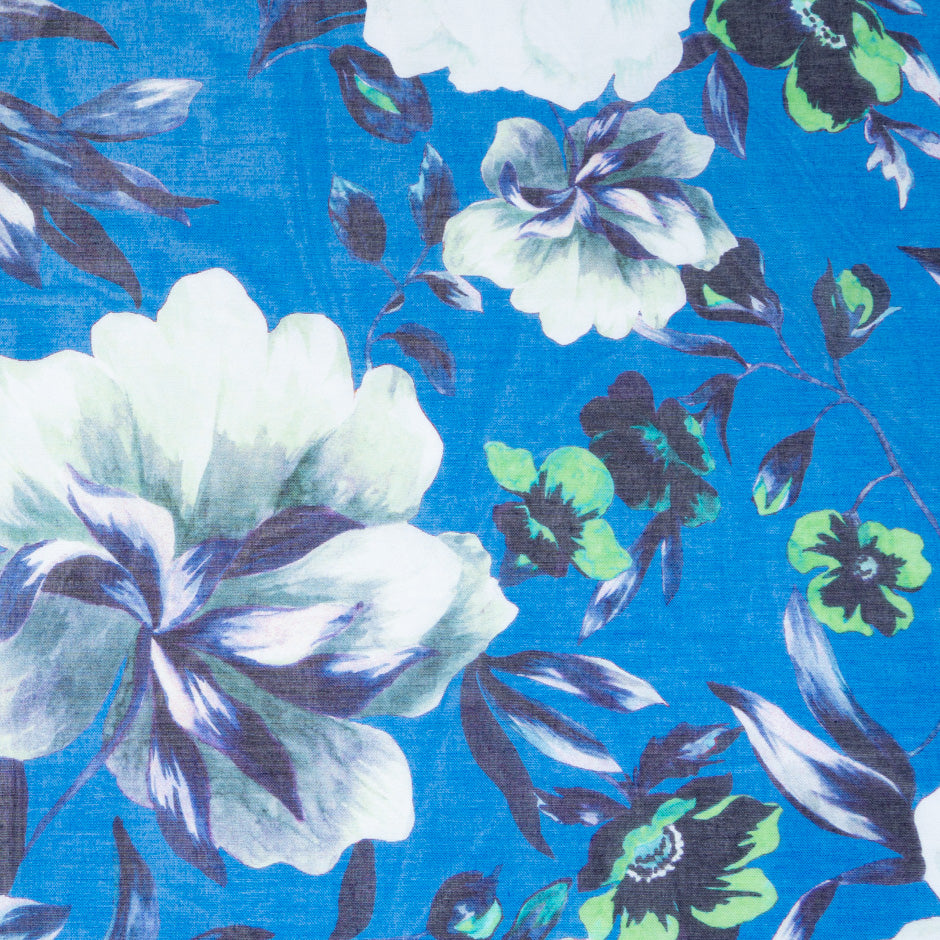 Floral Printed Deep Sky Blue Pure Cotton Voile