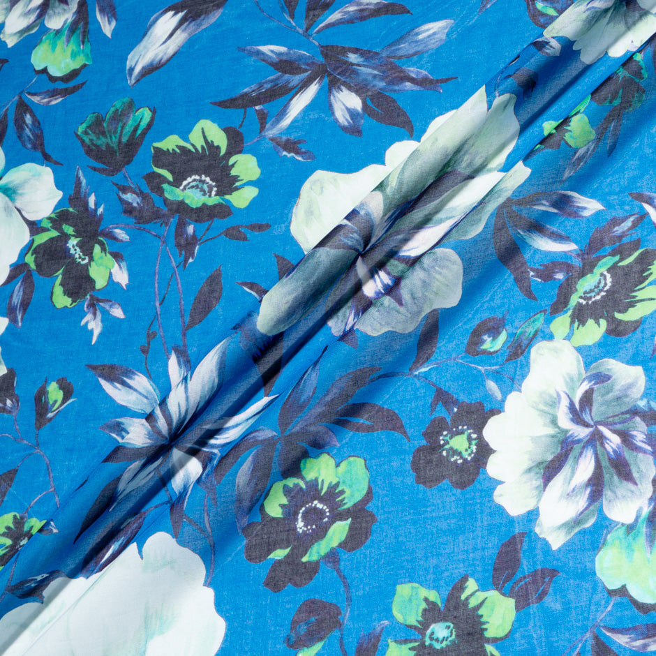 Floral Printed Deep Sky Blue Pure Cotton Voile