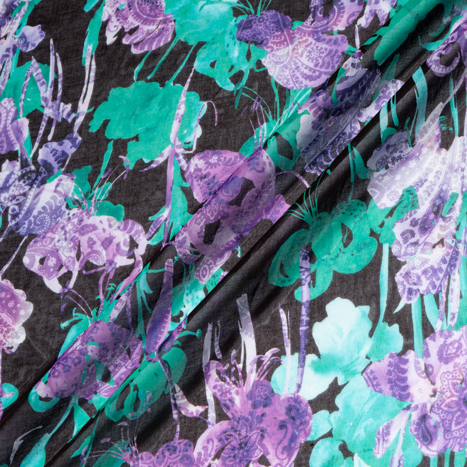 Purple Floral Printed Black Pure Cotton Voile