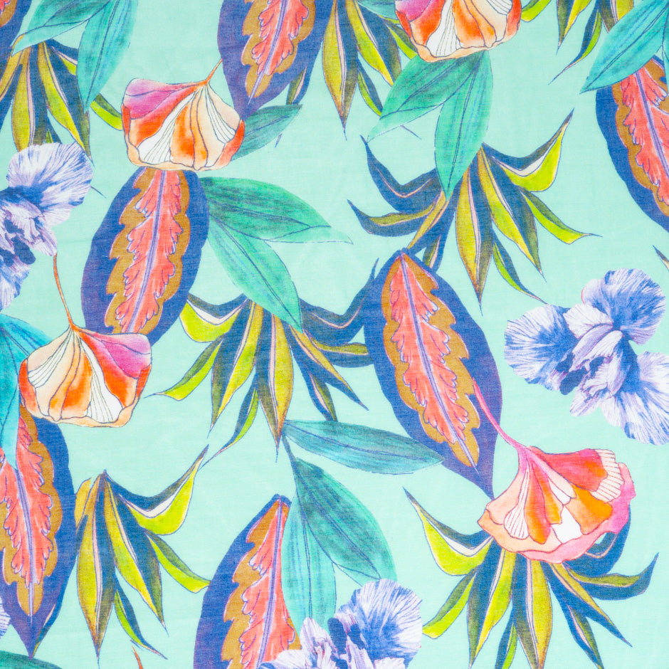 Floral Printed Aqua Blue Pure Cotton Voile