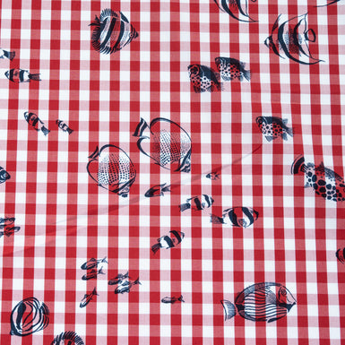 Fish Printed Red & White Checkered Cotton Shirting