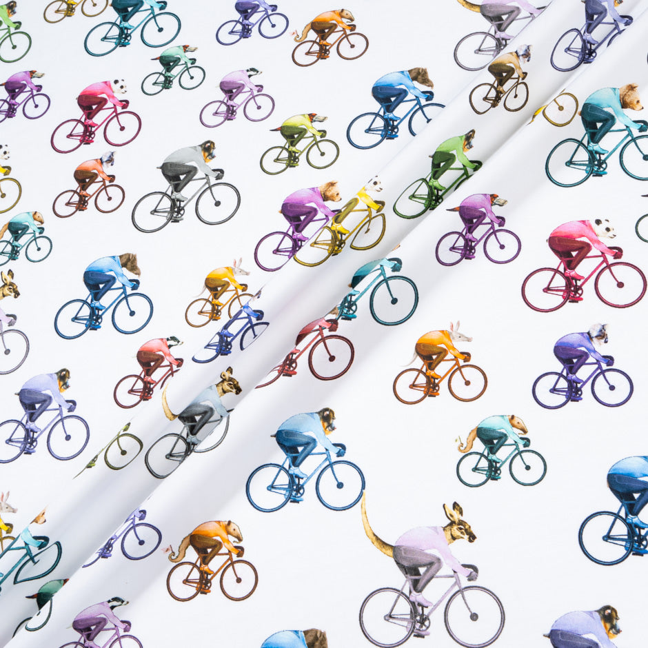 Multi-Coloured Cyclist Printed White Cotton Shirting