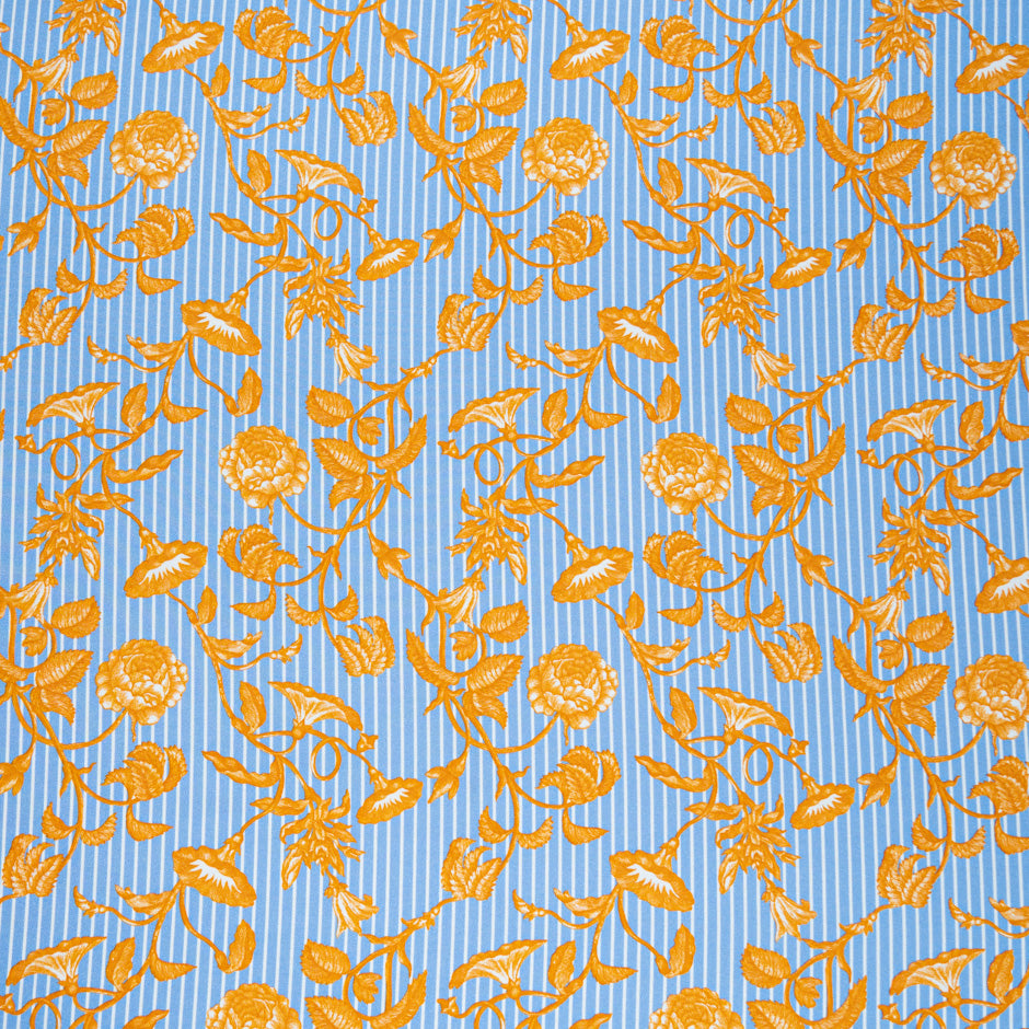 Orange Floral White Striped Blue Pure Silk Twill