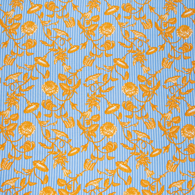 Orange Floral White Striped Blue Pure Silk Twill