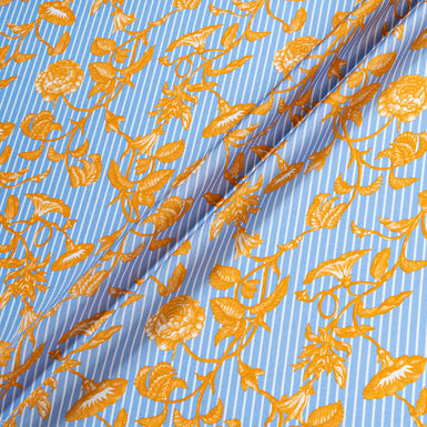 Orange Floral White Striped Blue Pure Silk Twill