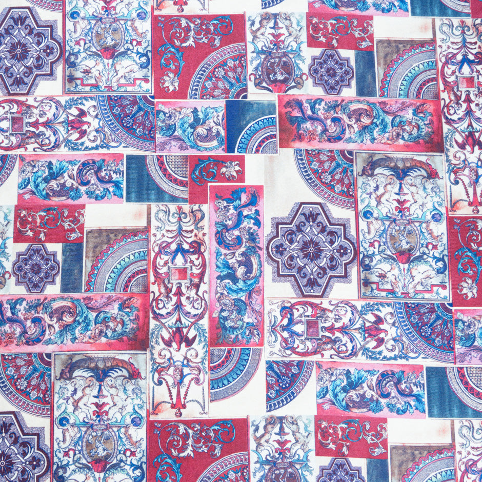 Deep Pink & Blue Patchwork Printed Pure Silk Twill