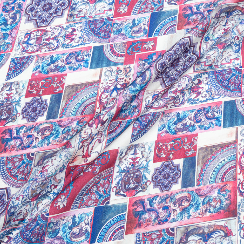 Deep Pink & Blue Patchwork Printed Pure Silk Twill