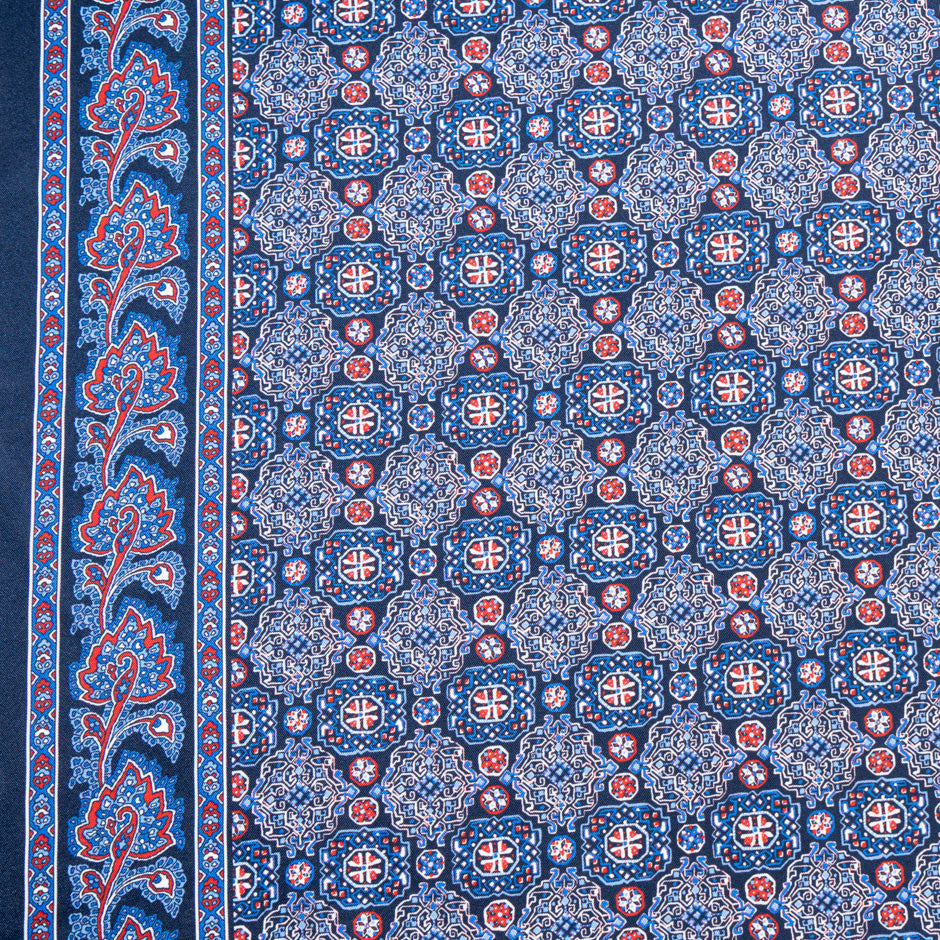 Blue & Red Geo Tile Printed Pure Silk Twill