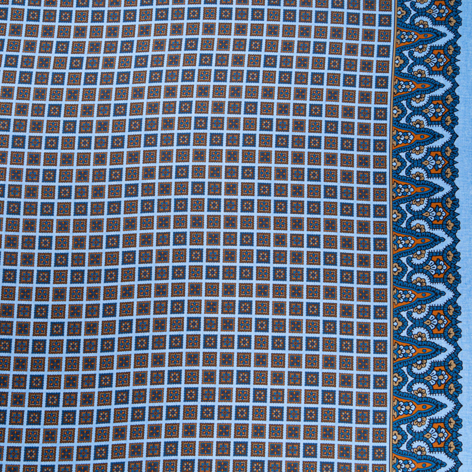 Blue & Brown Square Geo Printed Pure Silk Twill