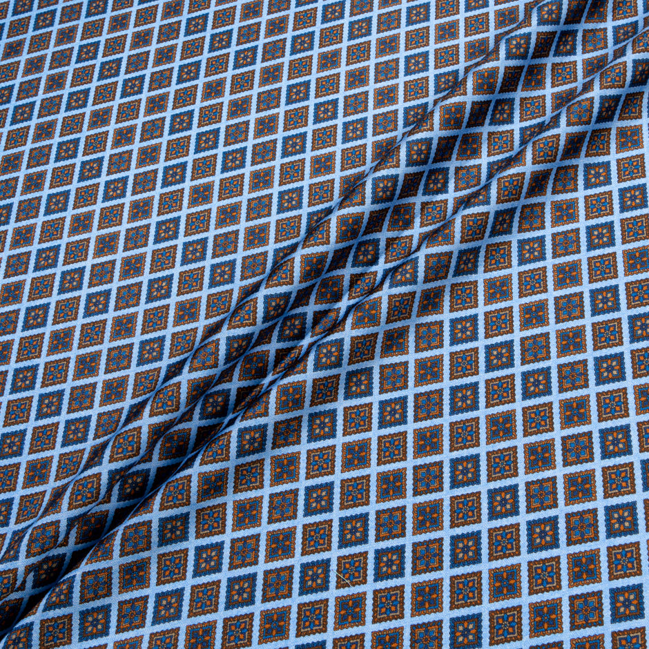 Blue & Brown Square Geo Printed Pure Silk Twill