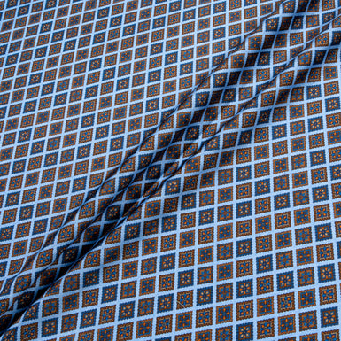 Blue & Brown Square Geo Printed Pure Silk Twill