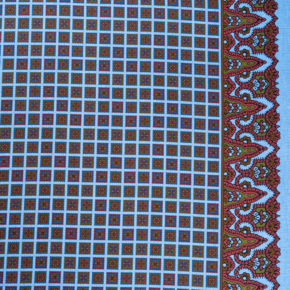 Brown & Blue Floral Square Geo Printed Pure Silk Twill