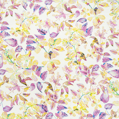 Yellow & Pink Leaf Printed White Reverse Silk Satin