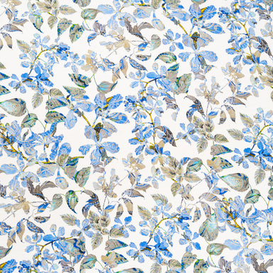 Blue & Khaki Leaf Printed White Reverse Silk Satin
