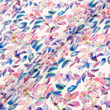 Blue & Pink Leaf Printed Ivory Reverse Silk Satin