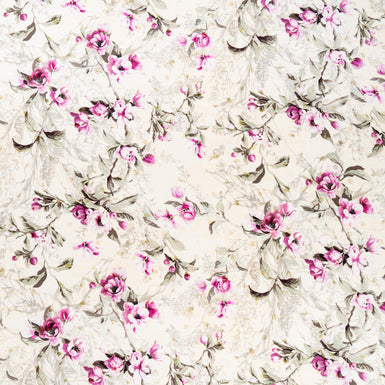 Magenta Floral Printed Cream Double Silk Crêpe