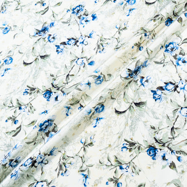 Cobalt Blue Floral Printed Cream Double Silk Crêpe