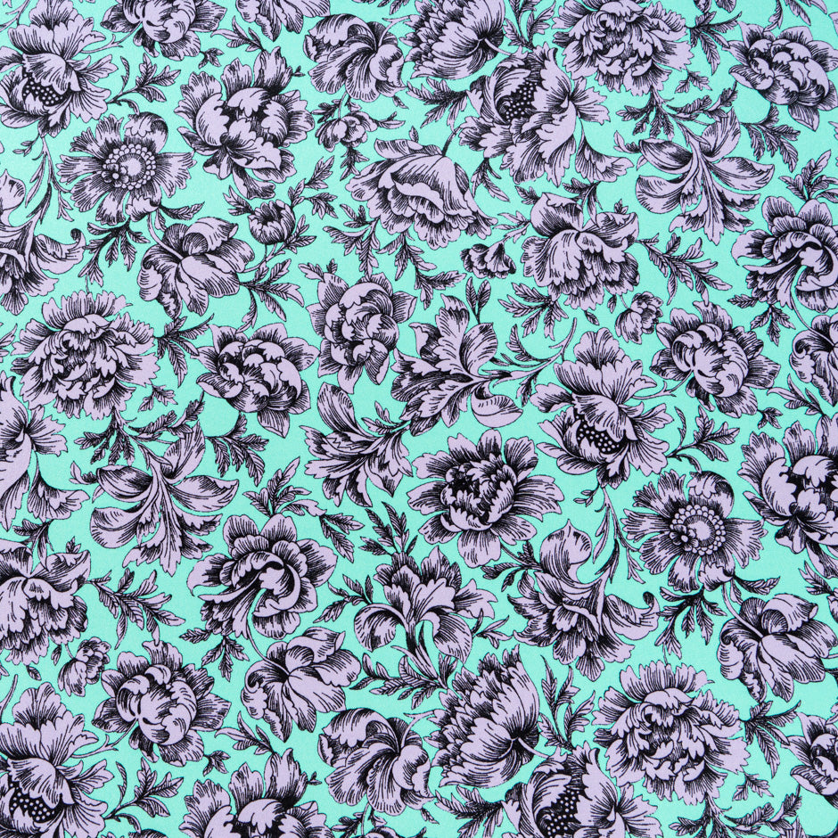 Lavender Floral Printed Mint Double Silk Crêpe